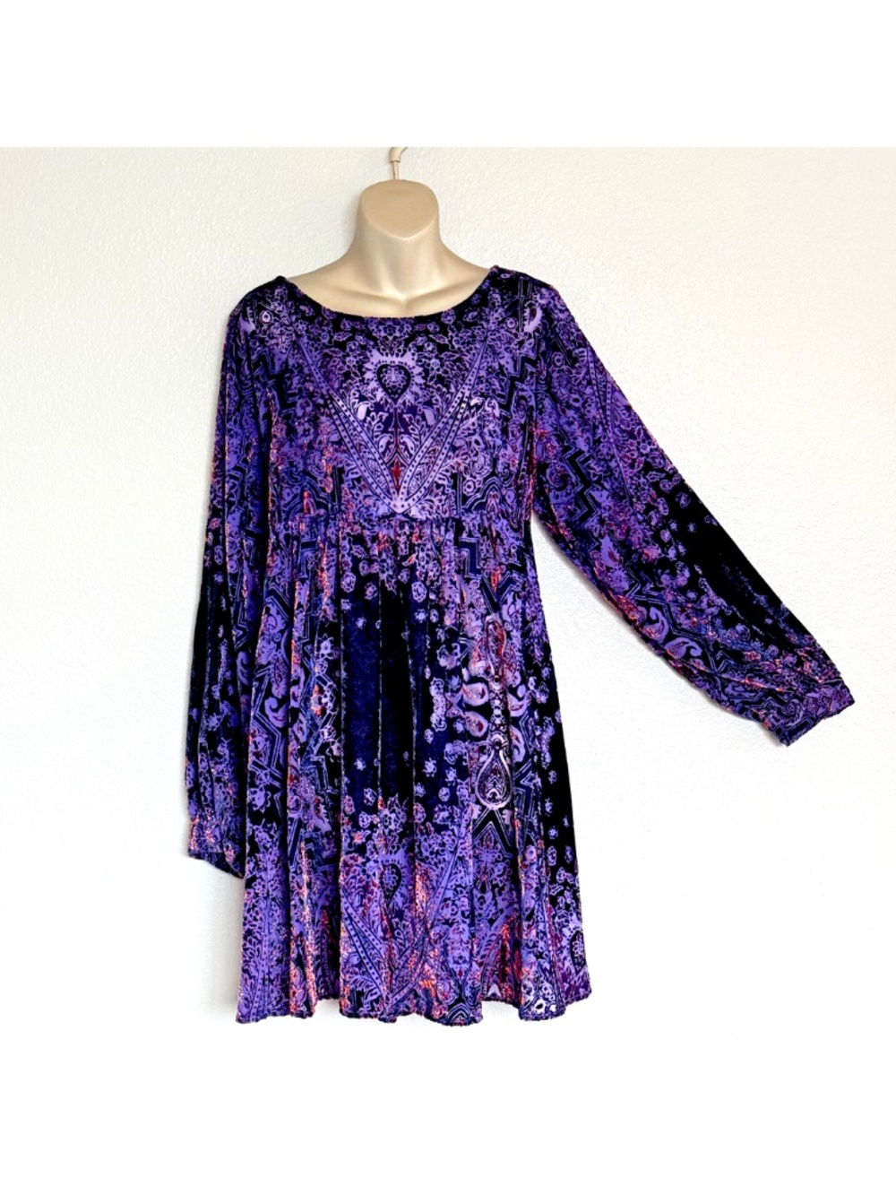 Free People Mirror Mirror Whimsigoth Velvet Burnout Boho Babydoll Mini Dress XL